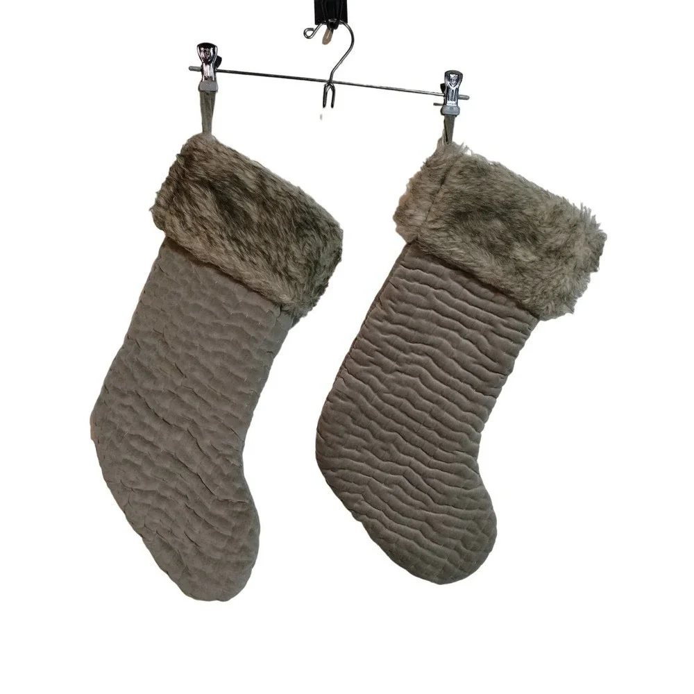 2 Christmas holiday stockings beige faux fur 100% Cotton